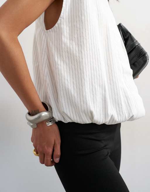Topshop soft zip through structured shoulder top in white stripe, 2 of 4