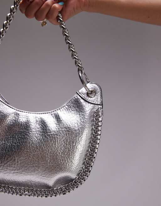 Topshop - Sohara - Borsa da spalla arrotondata argento con dettagli a catenina, 4 di 4