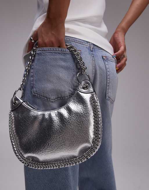 Topshop Sohara scoop shoulder bag with chain detail in silver, 3 of 4