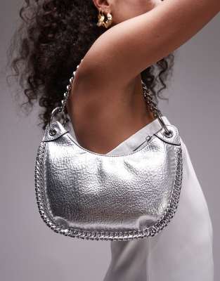 Topshop - Sohara - U-förmige Schultertasche in Silber mit Kettendetail