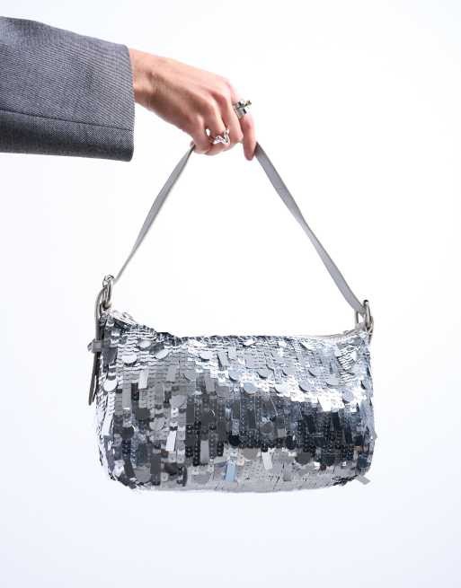 Topshop - Sol - Borsa da spalla argento con paillettes e manico in pelle, 3 di 4