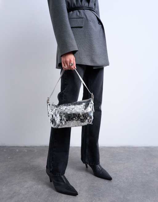 Topshop - Sol - Borsa da spalla argento con paillettes e manico in pelle, 4 di 4