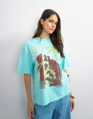 Topshop Sol De Sur Graphic Oversized Tee In Blue