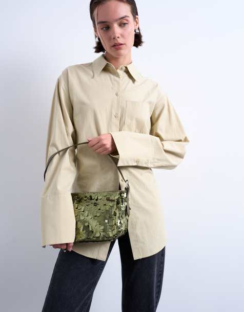 Topshop - Sol - Schoudertas met lovertjes en leren handvat in kaki - view 1