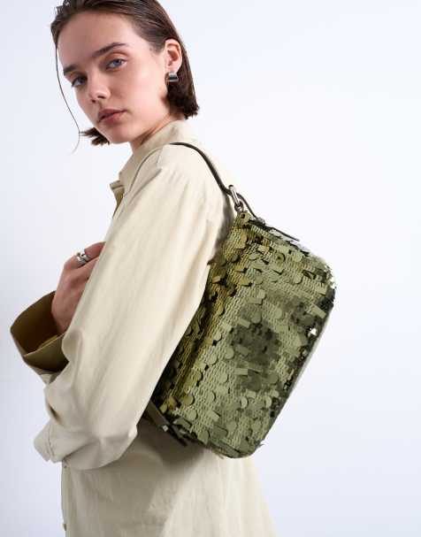 Topshop Sol shoulder sequin bag with leather handle in khaki - view 1