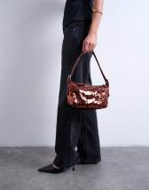 Topshop Sol shoulder sequin bag with leather handle in rust