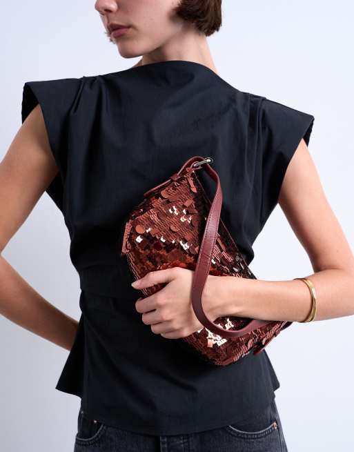 Topshop Sol shoulder sequin bag with leather handle in rust, 2 of 4