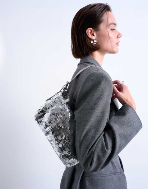 Topshop Sol shoulder sequin bag with leather handle in silver - view 1