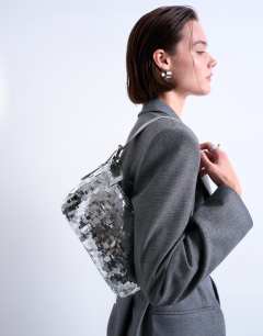 Sol shoulder sequin bag with leather handle in silver