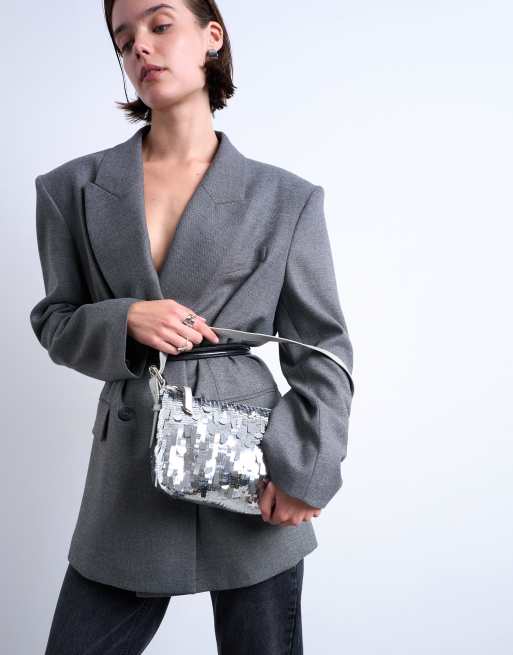 Topshop Sol shoulder sequin bag with leather handle in silver, 2 of 4