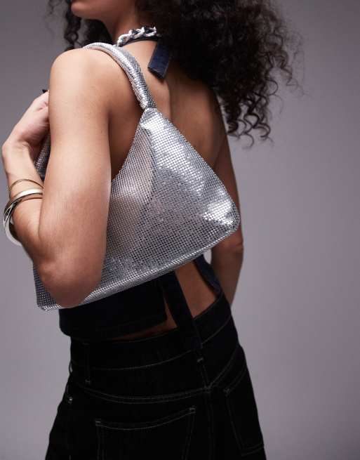 Topshop - Solana - Borsa da spalla extra larga in rete metallica color argento