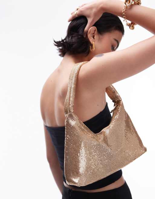 Topshop Solana Borsa da spalla extra larga in rete metallica color oro ASOS