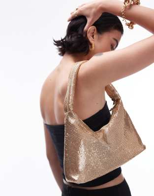 Topshop Solana chainmail slouchy shoulder bag in gold