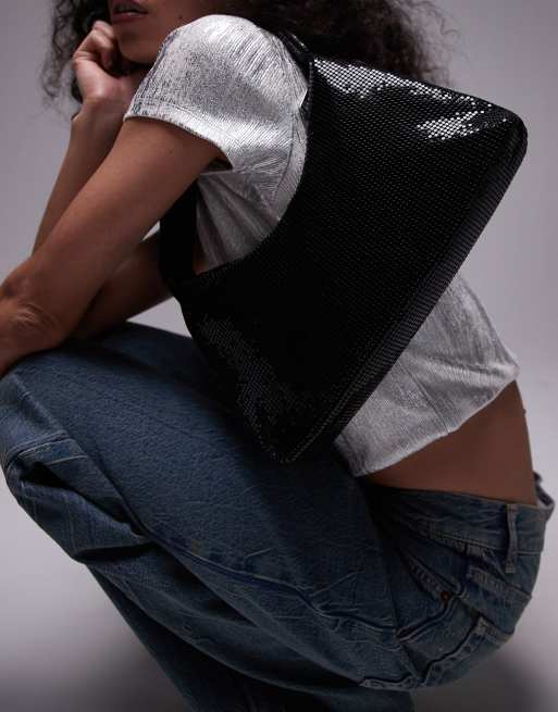 Topshop – Solana – Weiche Schultertasche aus Kettenstoff in Schwarz
