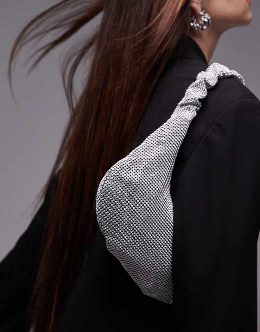 Topshop – Solane – Silverfärgad axelväska med strass och rynkat handtag