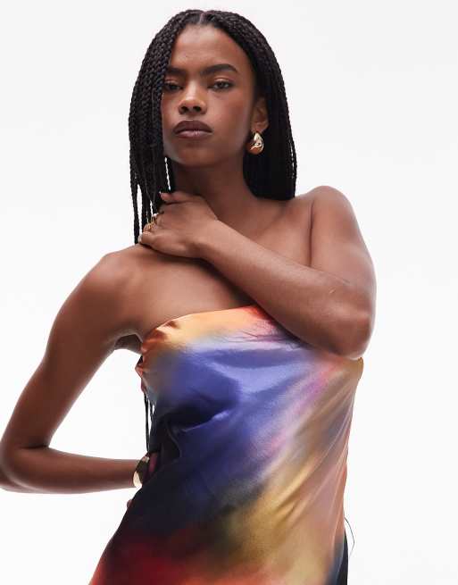 Topshop – Solnedgångsmönstrad slip-klänning i maxilängd med bandeau-ringning av satin, 3 av 4