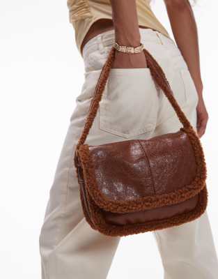 Topshop Solo borg trim shoulder bag in tan - view 1