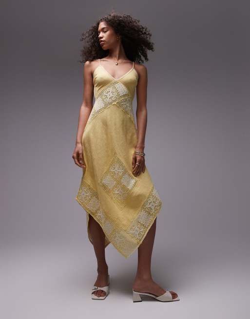 Topshop – Sommerkleid aus Leinenmix in Gelb mit gehäkelten Einsätzen