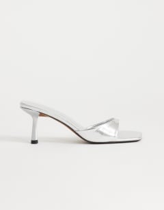 Sophie asymmetric mid heel mule in silver
