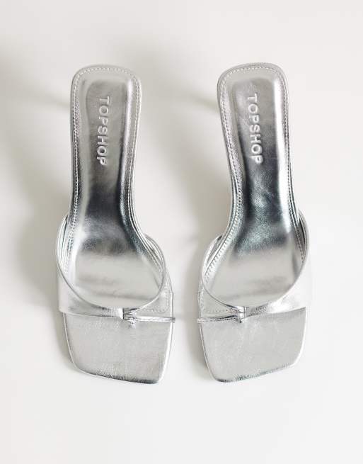 Topshop Sophie asymmetric mid heel mules in silver, 2 of 4