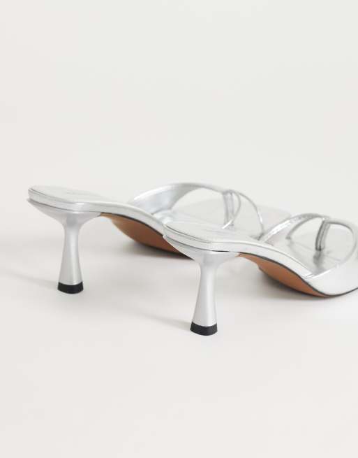 Topshop Sophie asymmetric mid heel mules in silver, 4 of 4