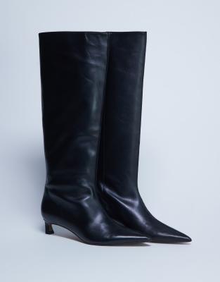 Topshop - Sophie - Premium - Kniehohe Lederstiefel in Schwarz mit spitzer Zehenpartie