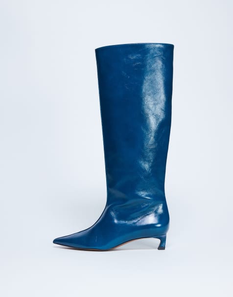 Topshop Sophie Premium leather point toe knee high boot in blue - view 1