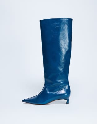 Topshop Sophie Premium leather point toe knee high boots in blue