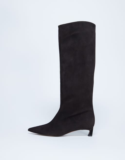 Topshop Sophie Premium leather point toe knee high boots in chocolate
