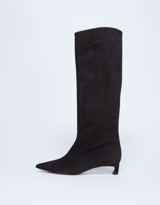 Topshop Sophie Premium Suede Leather Pointed Toe Knee High Boots In Brown