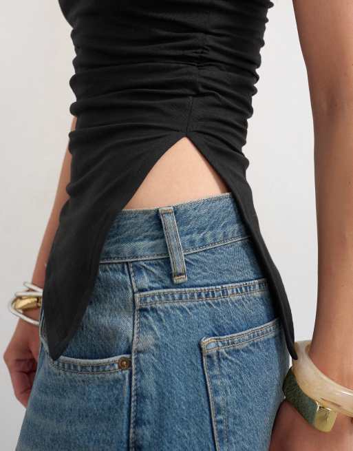 Topshop - Sort asymmetrisk bandeau-top med rynker og slids i siden, 3 af 4