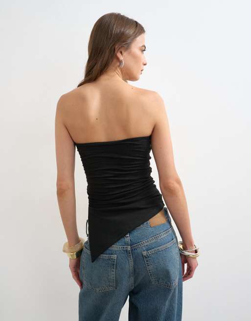 Topshop - Sort asymmetrisk bandeau-top med rynker og slids i siden, 4 af 4