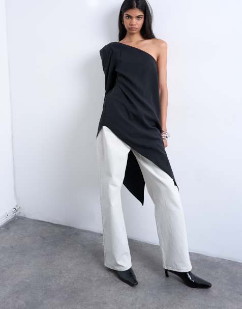 Topshop - Sort asymmetrisk top med skulderpuder i cupro - view 1
