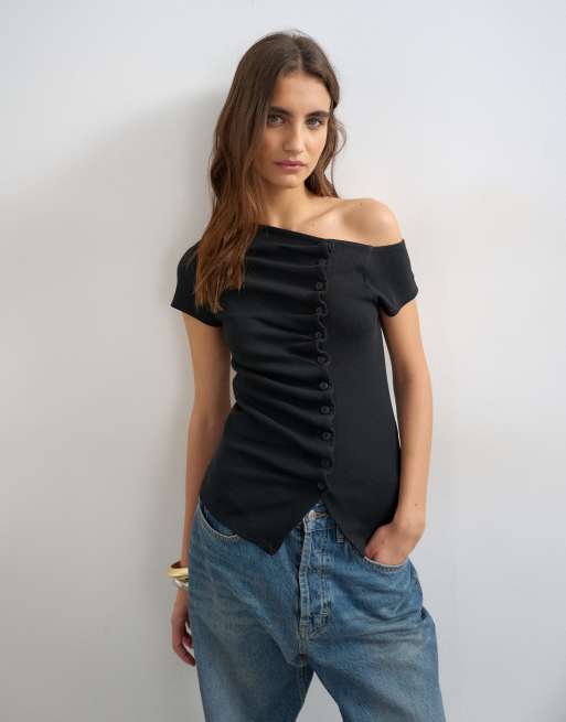 Topshop - Sort bardot-top med knapper, 3 af 4