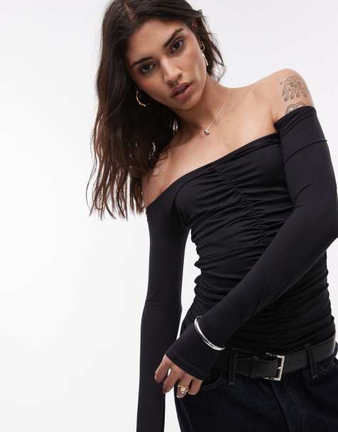 Topshop - Sort bardot-top med lange ærmer og rynker i jersey - view 1