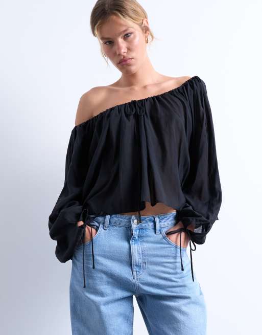 Topshop - Sort bluse med trapez-form, lange ærmer og bindedetalje