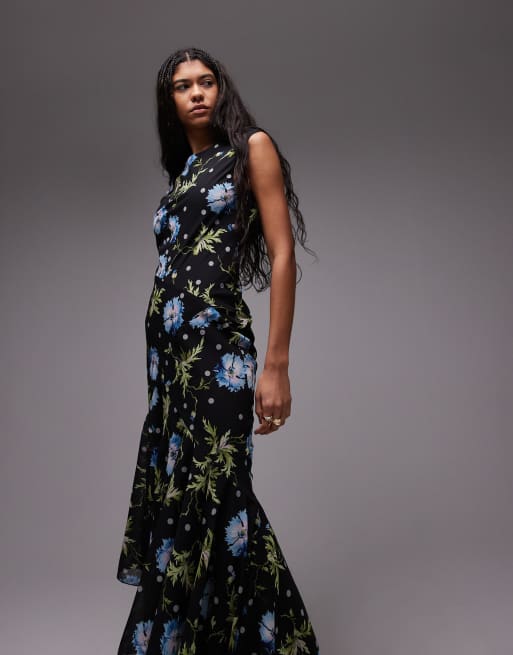 Topshop - Sort boutique-midikjole til særlige lejligheder med kilekant og snoet blomstermønster
