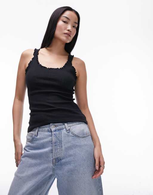 Topshop - Sort cami med bølgekant i pointelle