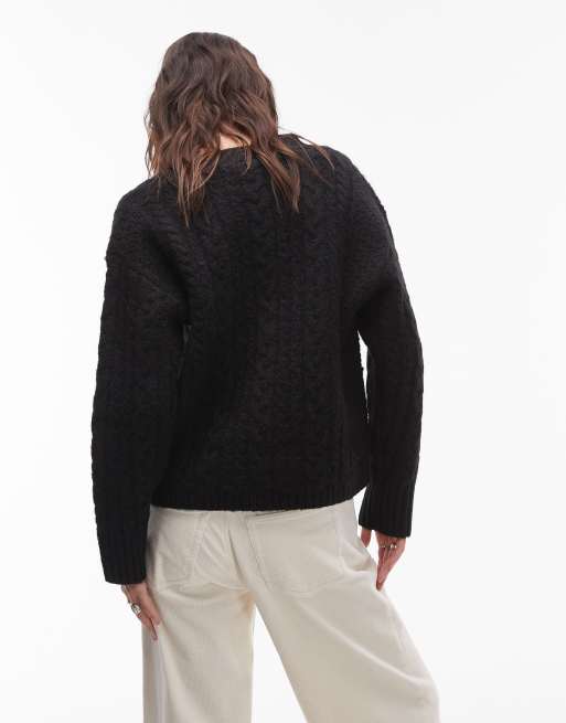 Topshop - Sort cardigan i kabelstrik i afslappet pasform med V-hals, 4 af 4