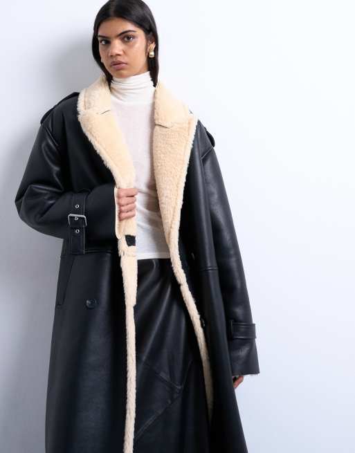 Topshop - Sort/cremefarvet longline aviator-frakke med oversized pasform og imiteret lammeskind, 2 af 4
