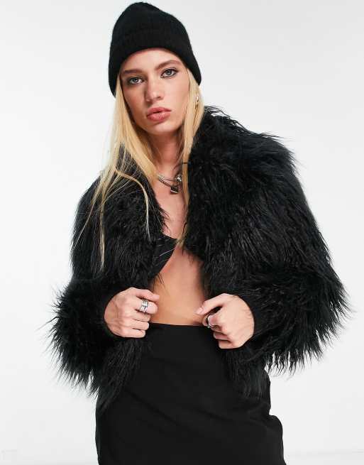 Topshop - Sort cropped frakke i langhåret imiteret pels