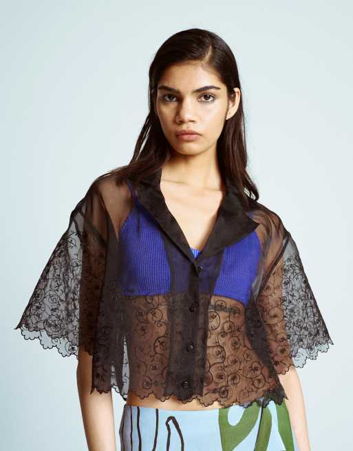 Topshop - Sort cropped skjorte med broderier i organza