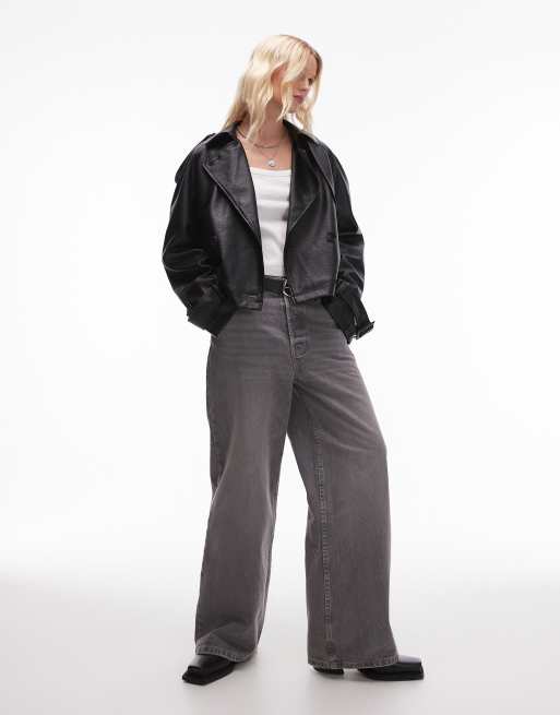 Topshop - Sort cropped trenchcoat i tekstureret imiteret læder, 2 af 4