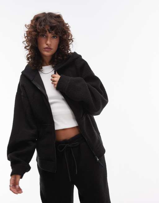 Topshop - Sort fleece-hættetrøje med lynlås i imiteret lammeskind