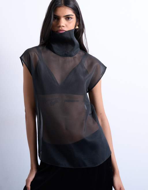 Topshop - Sort højhalset oneshoulder-top i gennemsigtig organza - Del af sæt