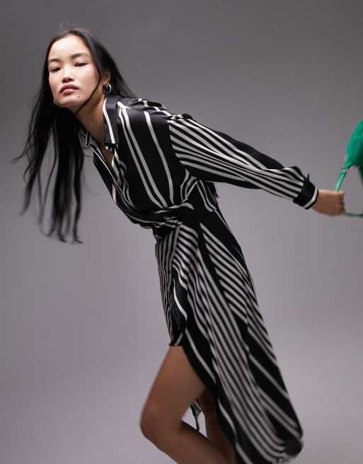 Topshop - Sort/hvid stribet midi-skjortekjole