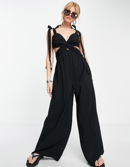 Topshop - Sort jumpsuit med snoet front og bindeærmer , 4 af 4