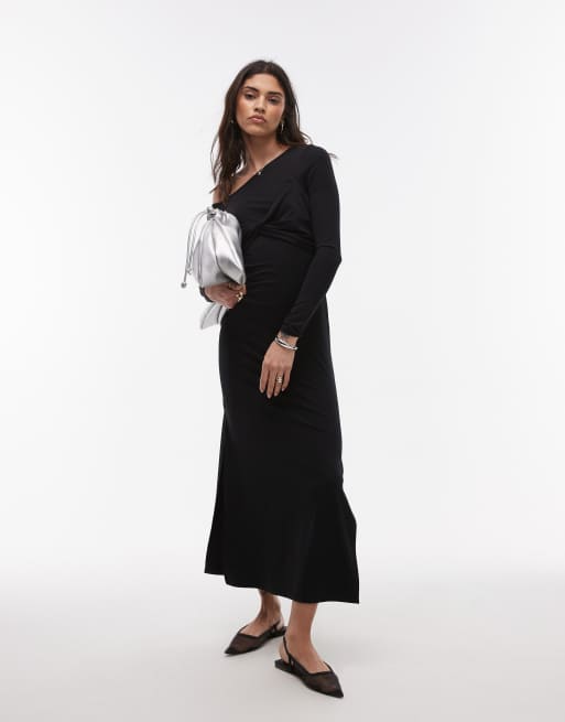 Topshop - Sort kjole med lange ærmer og snoning foran