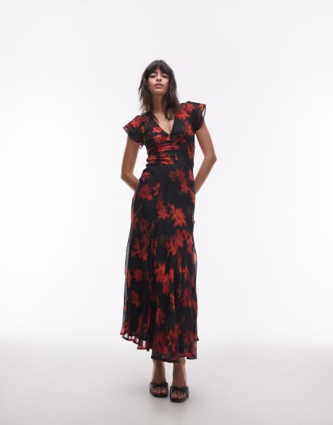 Topshop - Sort maxi-festkjole med snøre i ryggen og småblomstret mønster - view 1
