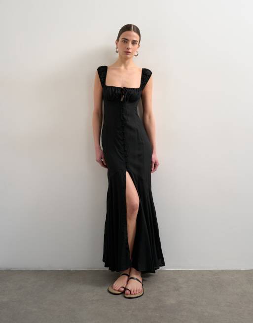 Topshop - Sort maxi-sommerkjole med knapper foran og afkortede ærmer